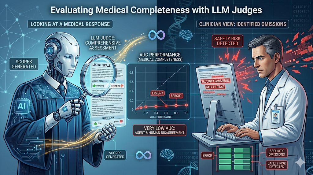 技術評測示意圖展示 LLM-as-a-Judge 在醫療問答完整性評估中的侷限。圖中對比了 General-Likert、Analytical-Rubric 與 Dynamic-Checklist 三種評分模式，並揭露了模型在偵測臨床關鍵遺漏（Omission）上的低召回率與推理分歧，強調了 Clinician-in-the-loop 在醫療 AI 安全中的必要性。