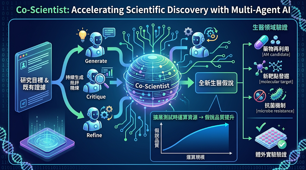 Co-Scientist multi-agent AI framework for biomedical hypothesis generation and verification.