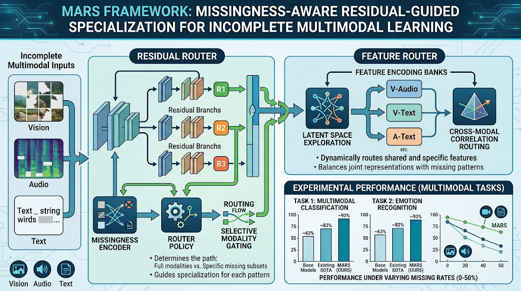 Infographic for MARS framework using missingness-aware residual-guided specialization for multimodal learning.