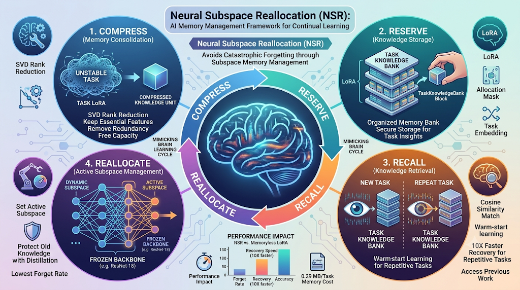 Infographic for NSR AI memory management framework for continual learning.