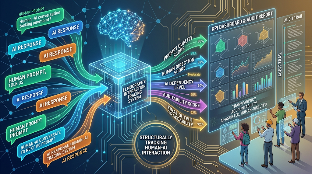 Diagram visualizing LLMography tracing system, showing metrics for prompt quality, human direction, and auditability in human-AI interaction.