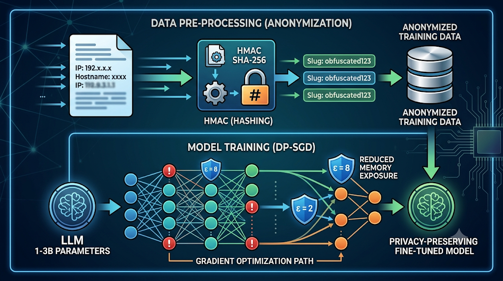 Infographic showing HMAC anonymization and DP-SGD model training for privacy-preserving LLM fine-tuning.