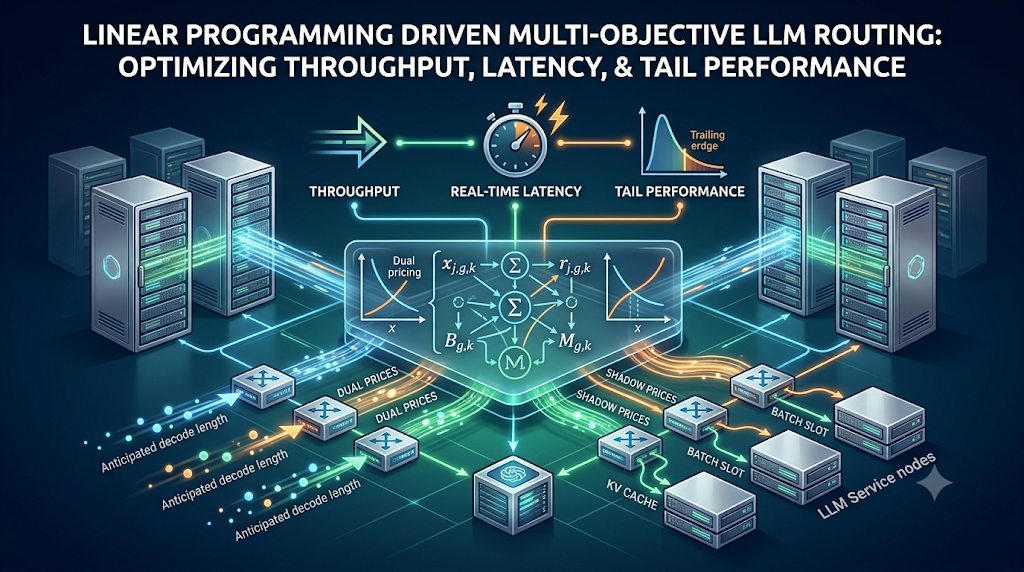 Linear programming LLM router optimizing throughput, latency, and tail performance across service nodes.