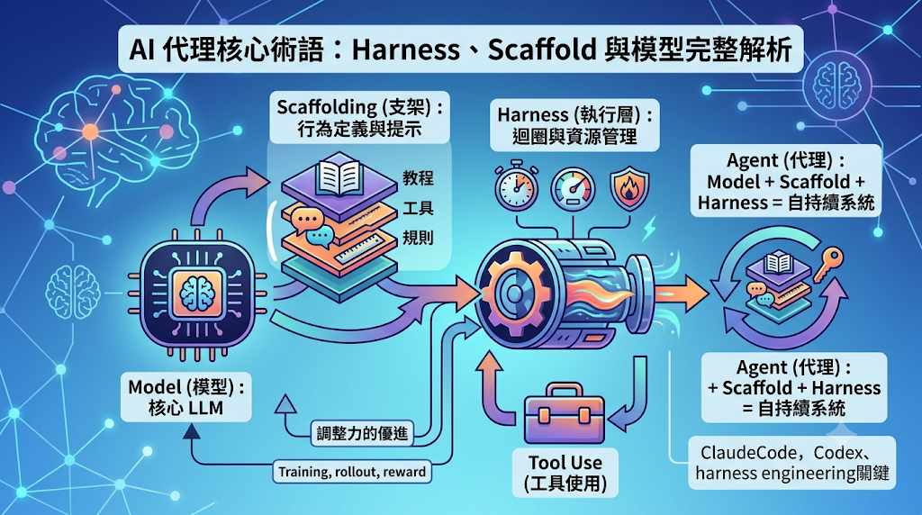 Infographic defining AI Agent architecture: Model, Scaffolding, and Harness components.
