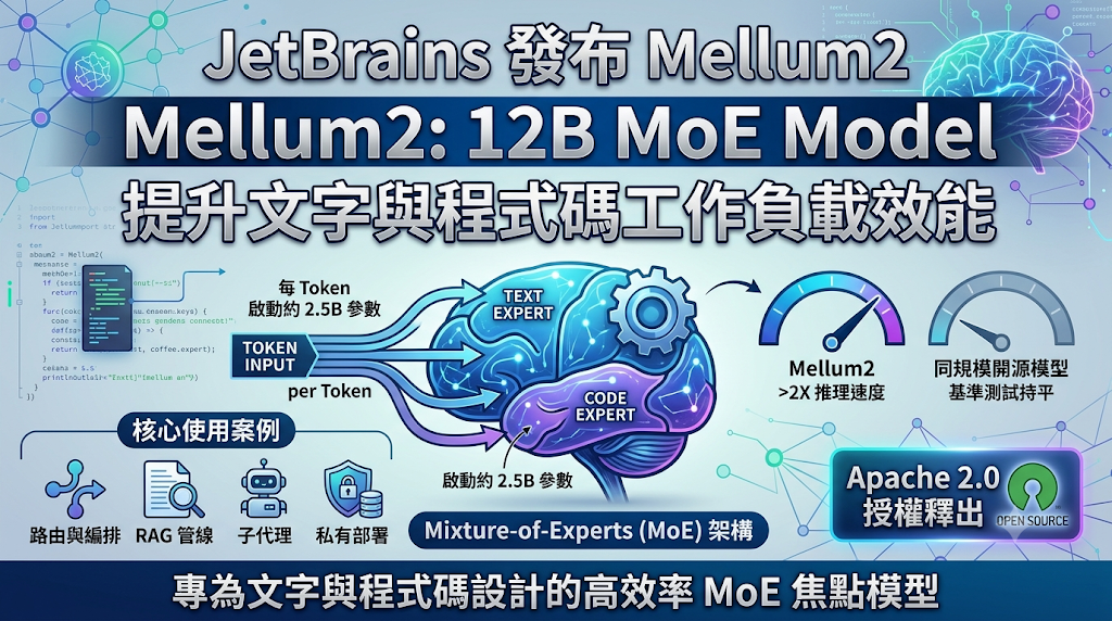 Infographic of JetBrains Mellum2: A 12B MoE model optimized for text and code processing workloads.
