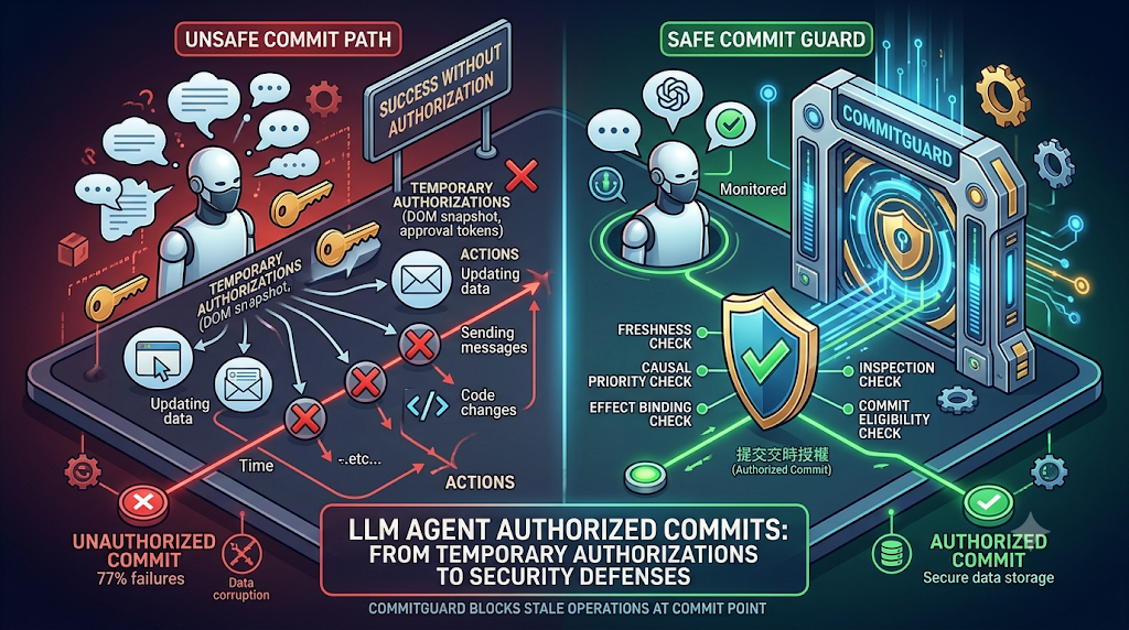 An infographic comparing an unsafe commit path (left) with CommitGuard's secure, authorized commit boundary (right) for LLM agents.