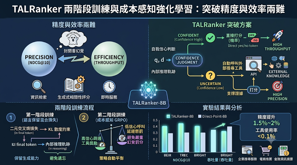 An infographic explaining TALRanker, a framework that balances precision and efficiency in LLM ranking through a two-stage training process and cost-aware reinforcement learning.