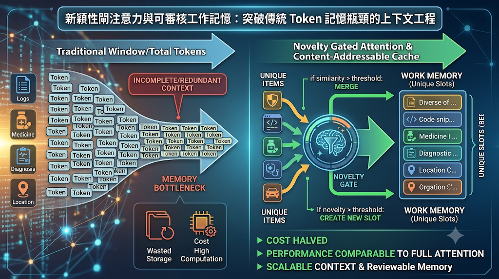 An infographic comparing traditional token memory bottlenecks with Novelty Gated Attention for efficient context caching.