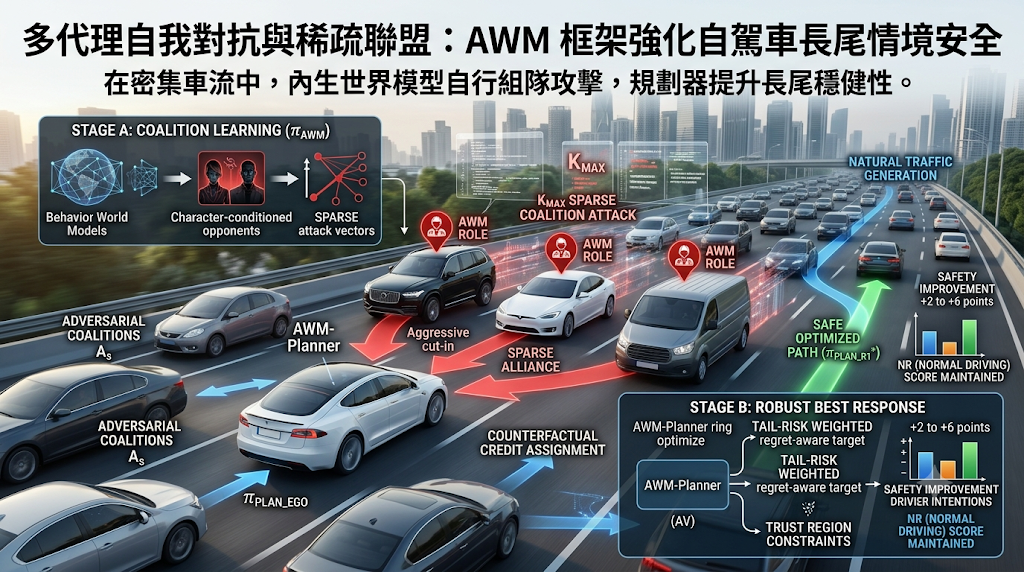 An infographic of the AWM framework showing multi-agent self-play generating sparse attacks to train autonomous vehicles.