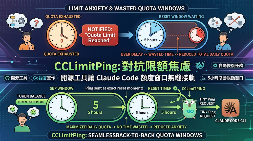 An infographic of CCLimitPing, a Go-based tool that eliminates Claude Code's quota window idle time via automatic pinging.