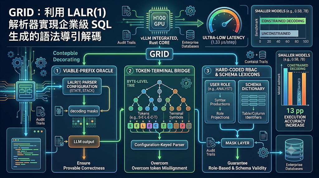 An infographic of GRID architecture for grammar-constrained SQL generation.