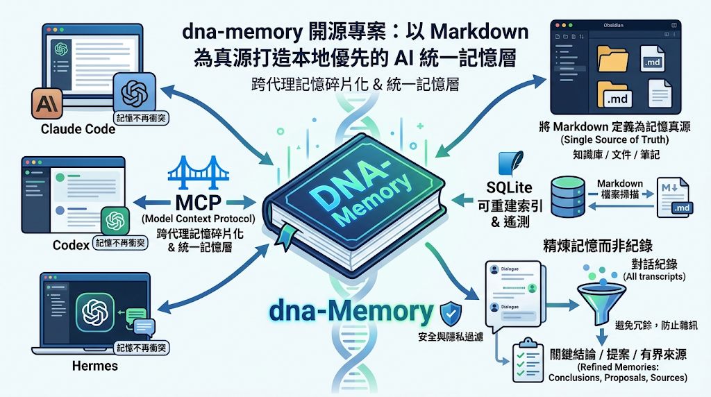 Infographic of dna-memory open-source project and its AI memory management.