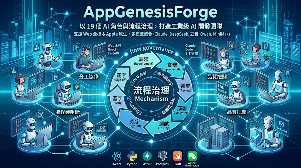Infographic of AppGenesisForge framework for AI developer teams.