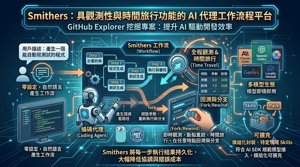Infographic of Smithers platform features for AI agent workflows.