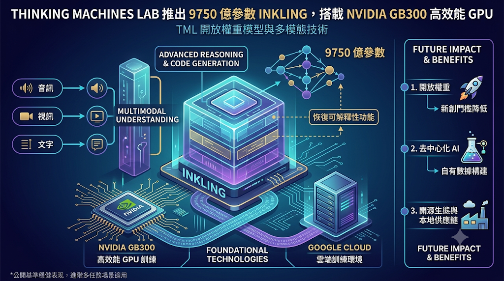 An infographic of the 975 billion-parameter Inkling model trained on Nvidia GB300 GPUs with multimodal capabilities.