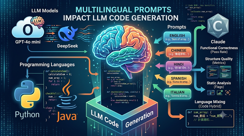 Infographic showing how multilingual prompts impact LLM code generation across GPT-4o mini, DeepSeek, and Claude.