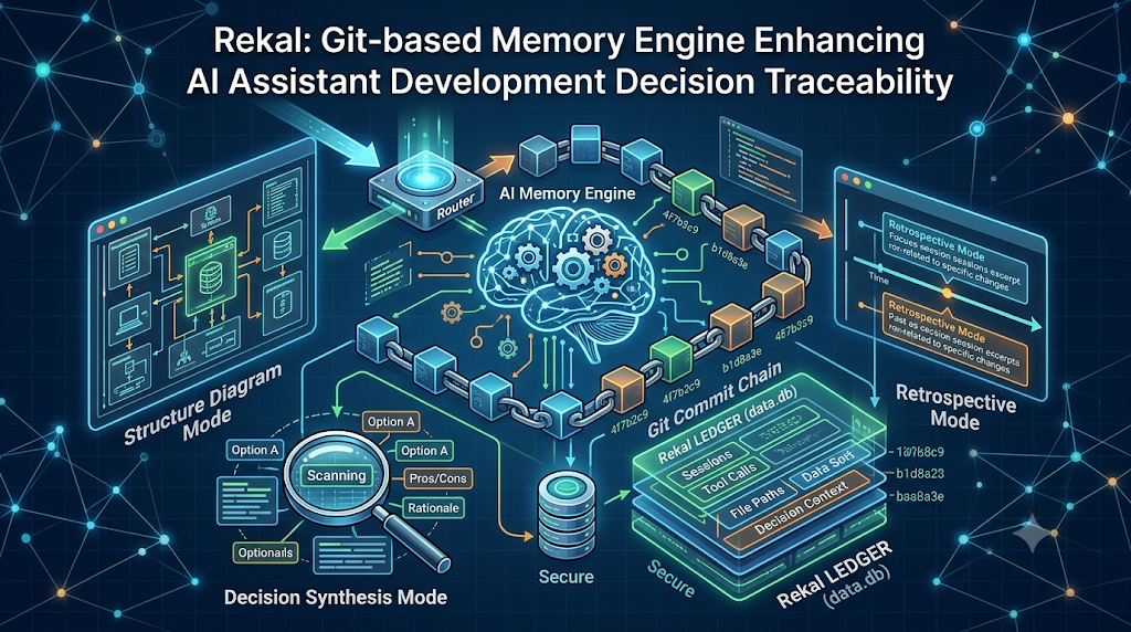 A visual diagram that shows how the 'Rekal' Git-based AI memory engine works, including its three modes, its Git commit chain, and its secure database.