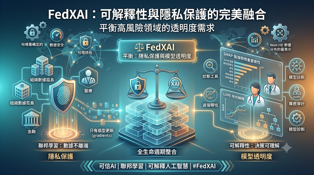 An illustration of the FedXAI framework balancing data privacy and AI model transparency across healthcare and finance.