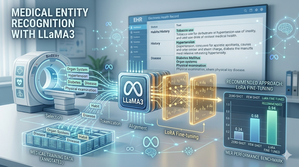 技術評測示意圖展示 LLaMA3 在臨床紀錄 MER 任務中的表現。圖中對比了零樣本、基於 BioBERT 字級相似度的少量示例學習與 LoRA 微調三種策略。實驗證明 LoRA 微調在 F1 分數上大幅領先，為計算資源有限的醫療機構提供高效能的細粒度實體辨識方案。
