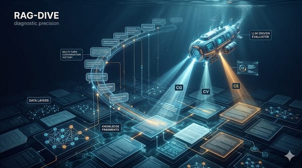 技術架構圖展示 RAG-DIVE 的三個核心模組：CG 對話生成、CV 對話驗證與 CE 對話評估。圖中以深潛模擬診斷 RAG 系統在多回合互動中的正確性、忠實度與檢索相關度，強調從靜態測試轉向動態診斷的技術趨勢。