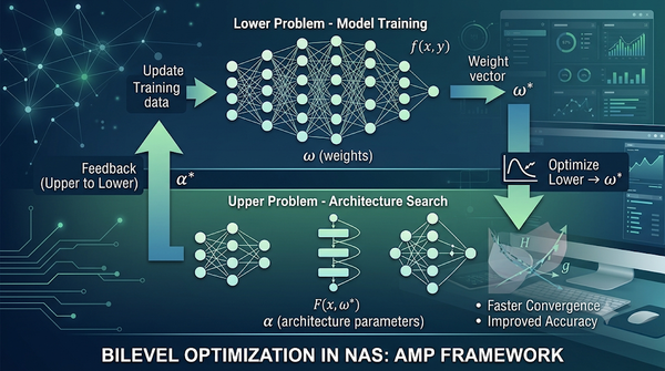 Diagram visualizing bilevel optimization in neural architecture search, upper problem searching architectures, lower problem training weights.