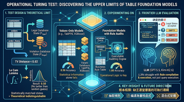 Infographic: Operational Turing Test design, theoretical limits, and LLM rule auditing.