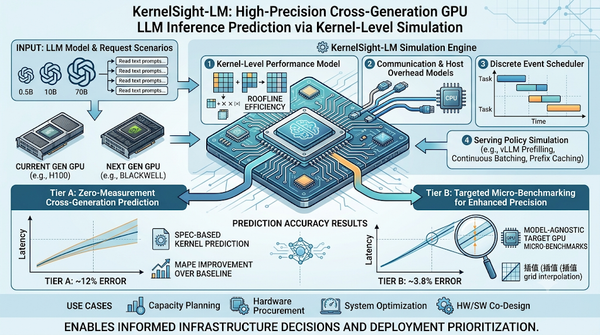 KernelSight-LM infographic showing kernel-level simulation and GPU LLM inference prediction results.
