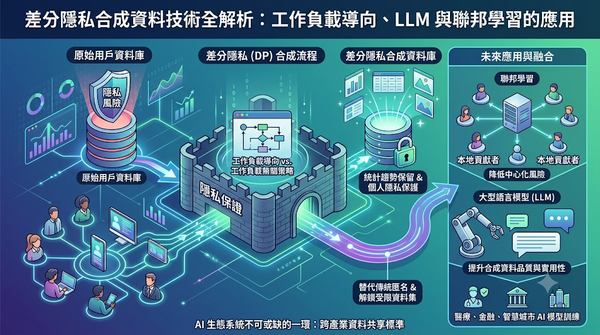 Infographic of Differential Privacy (DP) synthetic data generation, showcasing workload-adaptive vs. workload-agnostic strategies, LLM, and Federated Learning.