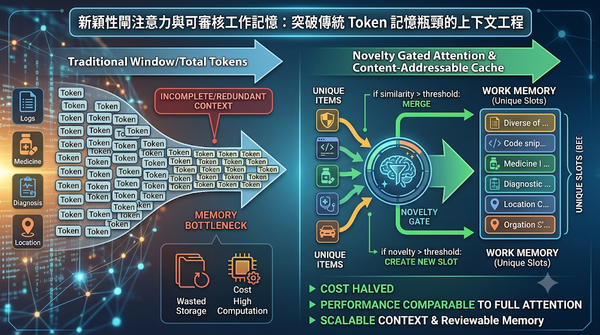 An infographic comparing traditional token memory bottlenecks with Novelty Gated Attention for efficient context caching.