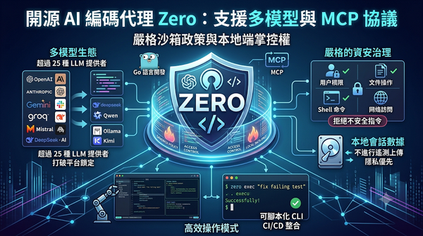 Infographic of Zero AI coding agent with multi-model and MCP support.