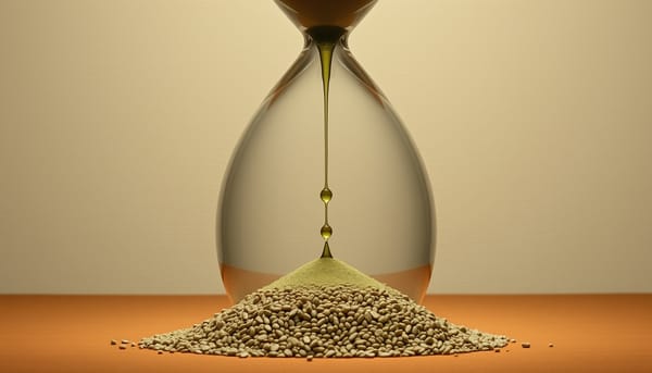 橄欖綠黏稠液體在陶土沙漏中緩慢滴落，預測聯邦式感知系統的學習複雜度