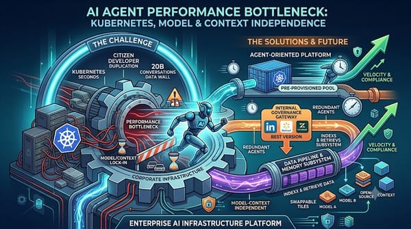 Infographic showing enterprise AI agent infrastructure bottlenecks and platform solutions.